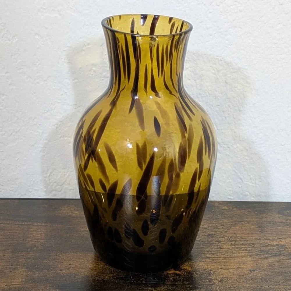 VTG‎ Amber Glass Vase Tortoiseshell Swirl Pattern Art Glass Decor Handmade
